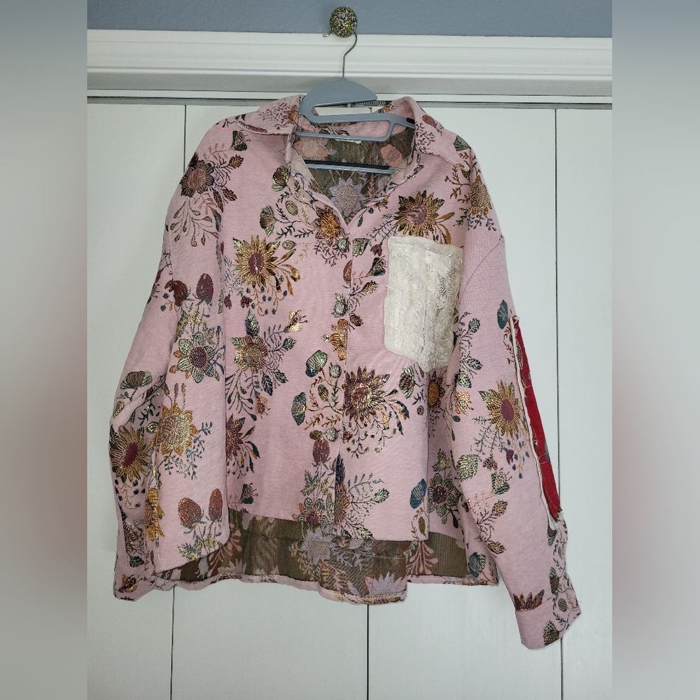 NWT POL Floral Pink Jacket with Red Accents and Gold Threads